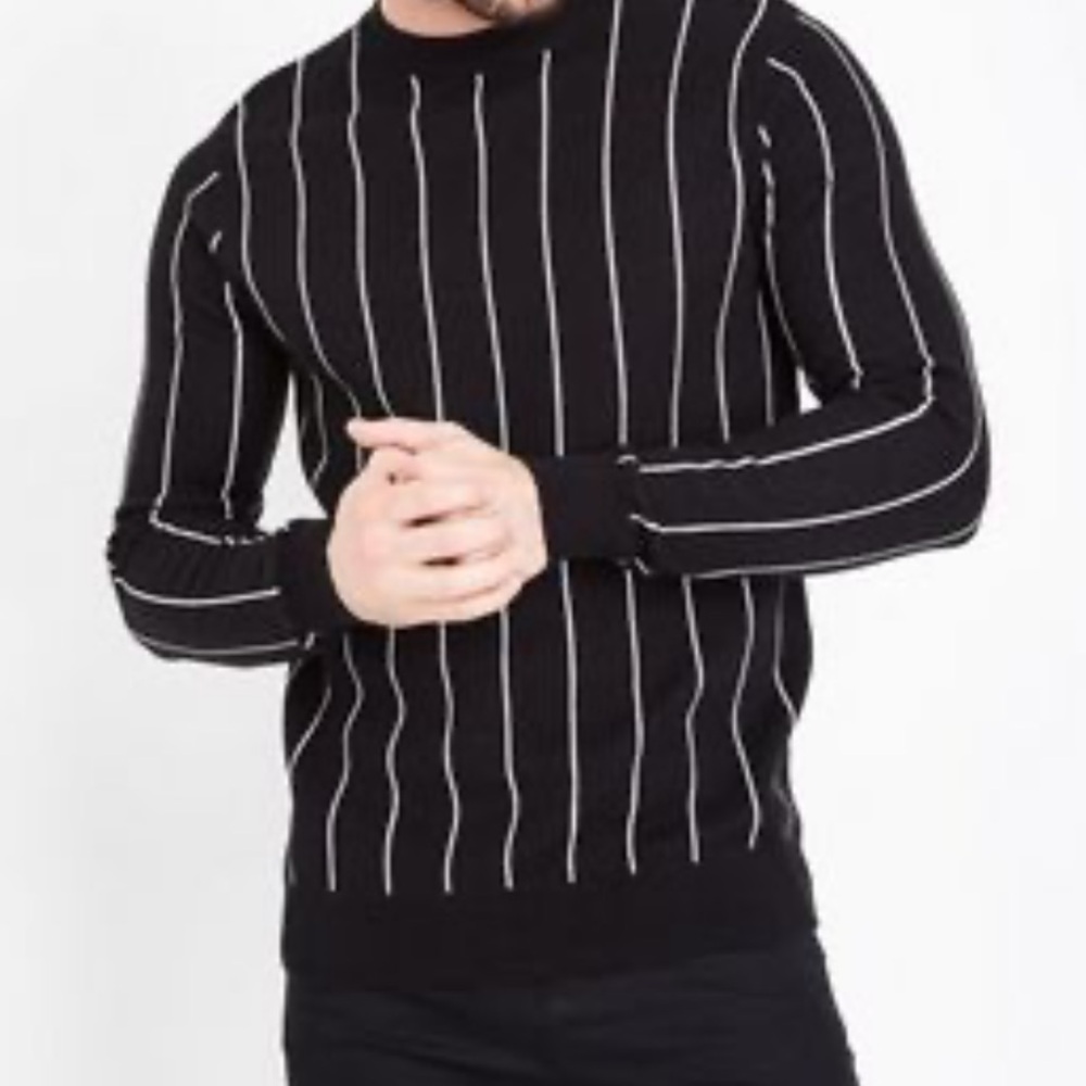 Zara french terry sweat shirt black with white vertical stripes size L slim fit